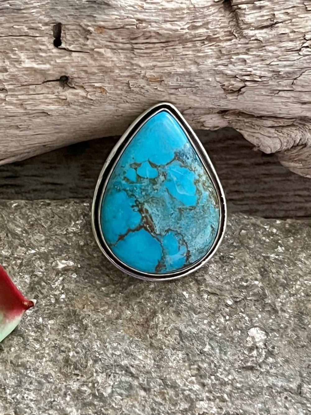 Southwestern Large Teardrop Turquoise Sterling Silver Ring Sz 10